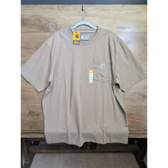 Carhartt T-Shirt Mens Large Tan Loose Fit Heavyweight Short Sleeve Pocket Logo - Picture 1 of 4